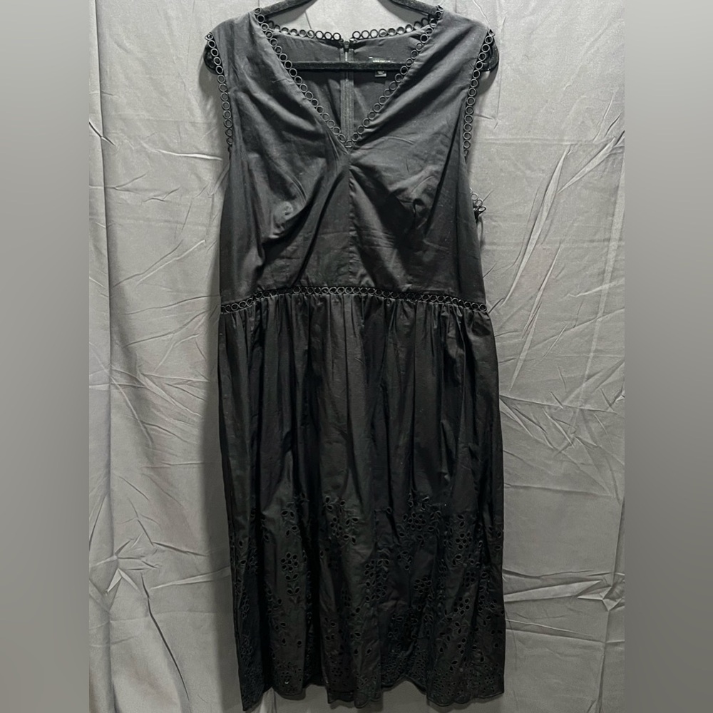 Ann Taylor Womens Eyelet V-Neck Sleeveless Fit Flare Midi Sun Dress Black Sz 14